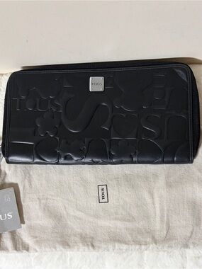 TOUS Black Embossed Zip-Around Wallet with Logo Plaque